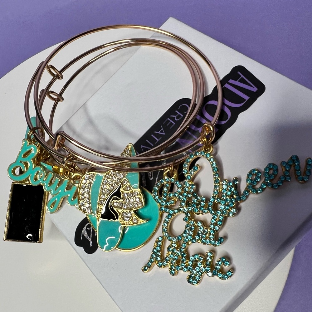 Teal and Gold Charm Bracelet Set of 3 Bangles